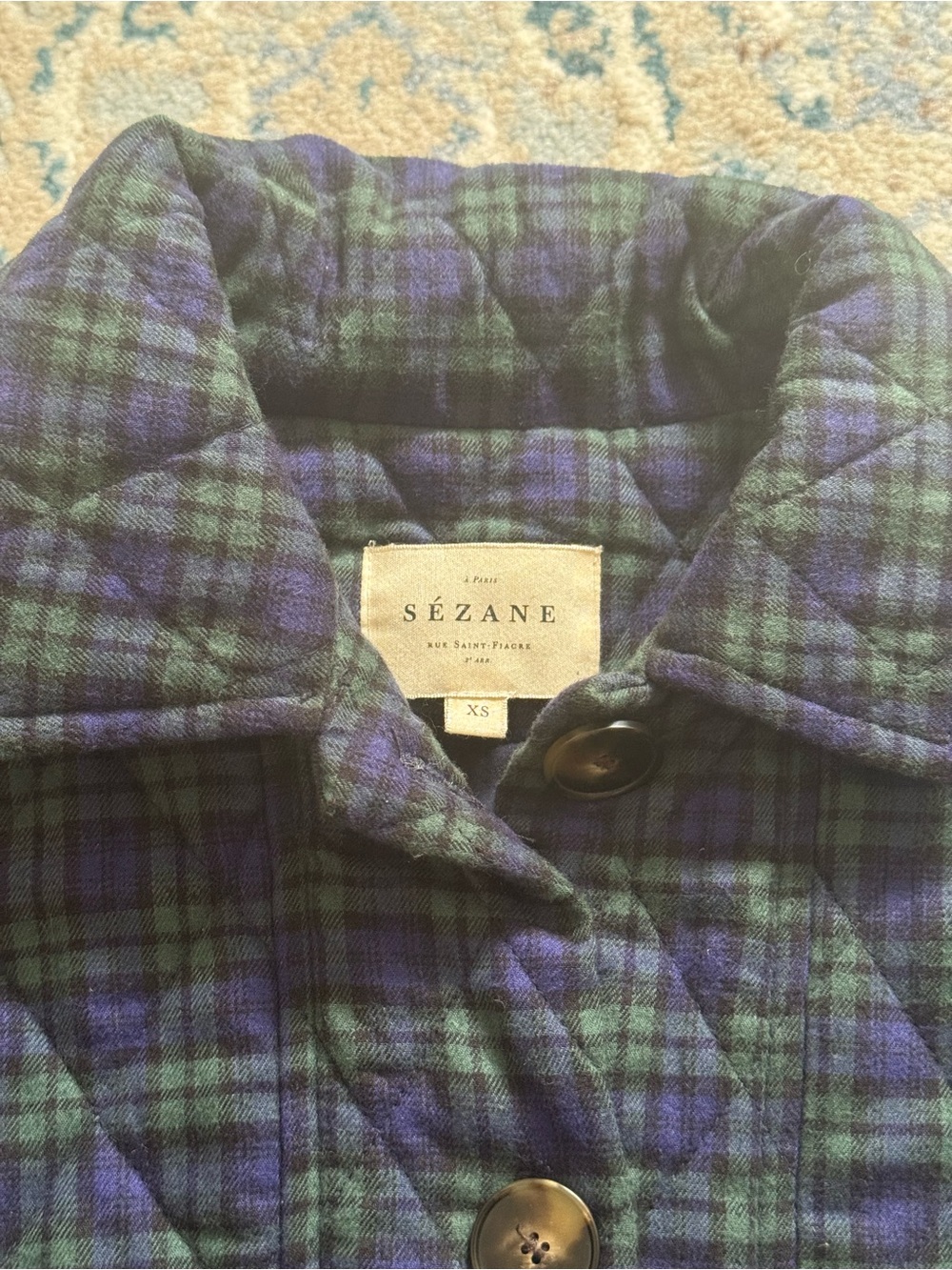 Sézane Will Jacket - Quilted Navy & Green Plaid, Size XS - Picture 4 of 6
